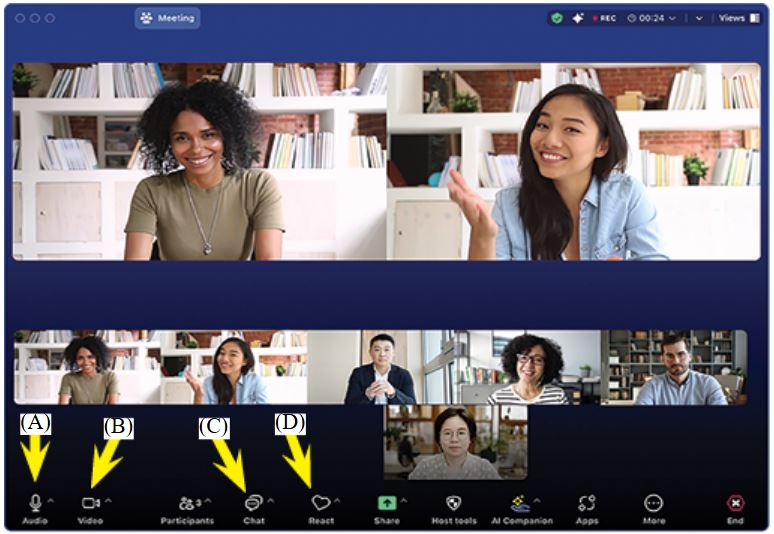 Sample Zoom meeting screen showing the microphone, video, Chat and React controls
